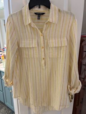 Ellen Tracy Yellow Striped Linen Blend  Tab Sleeve Popover Tunic Top SZ S